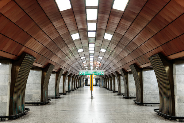 Middle aisle of Želivského station (Prague Metro)